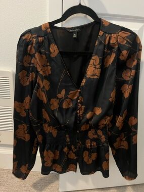Banana Republic Black Satin Blouse with Brown Floral Print